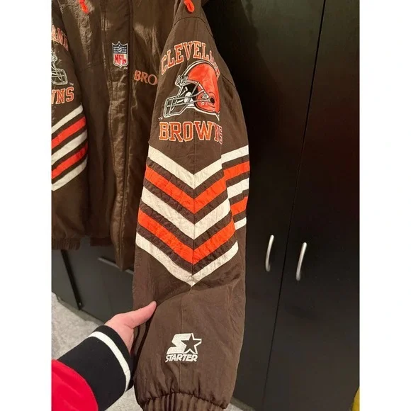 Vintage Starter Cleveland Browns NFL Brown Orange Hooded Jacket XL NFL Pro Line - Picture 2 of 7